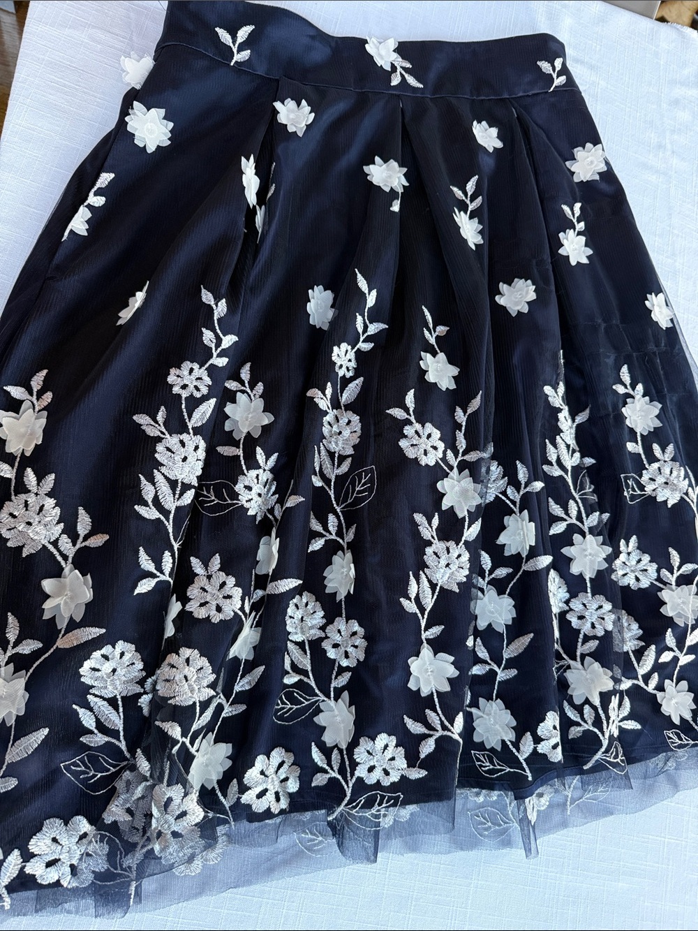 Eliza J Black Circle Skirt with White Floral Embroidery
